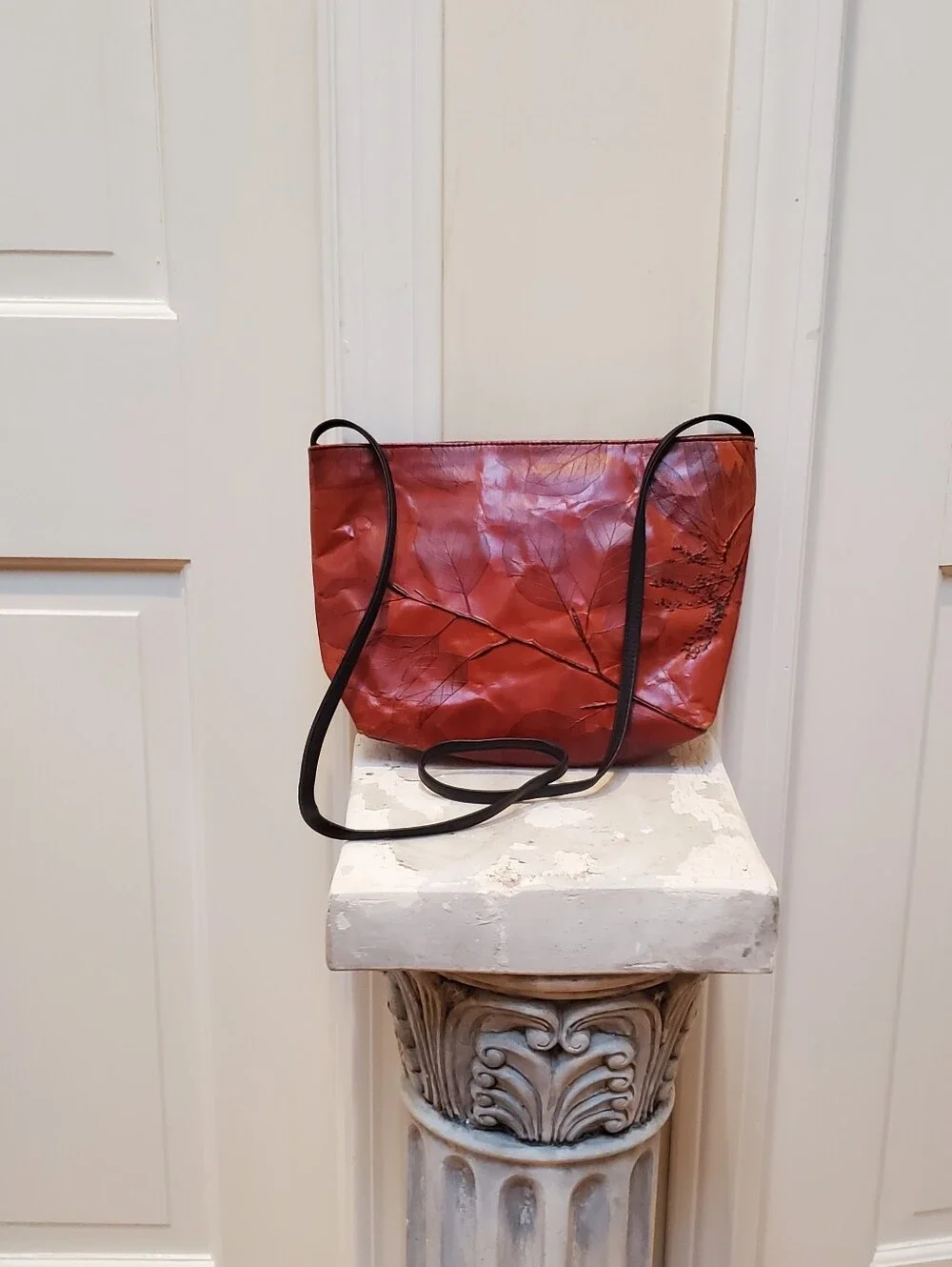 C.L. Whiting Leaf Leather Artisan Collection Red Leather Crossbody Bag